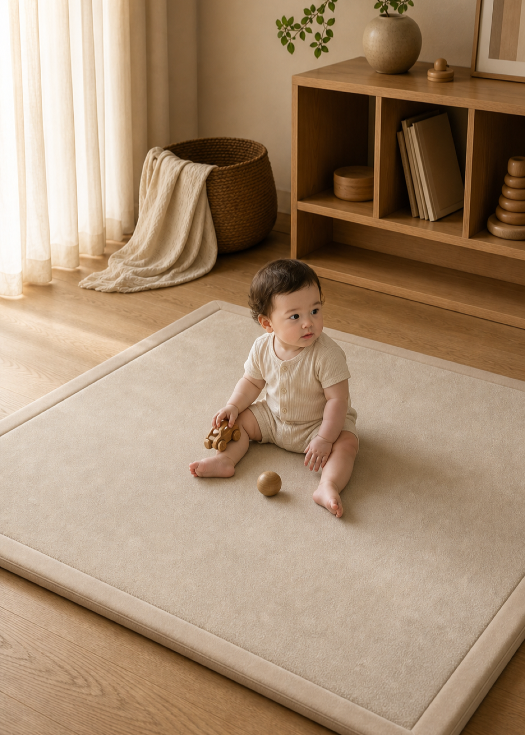 PocoKoko oatmeal play mat in playroom — baby crawling real use