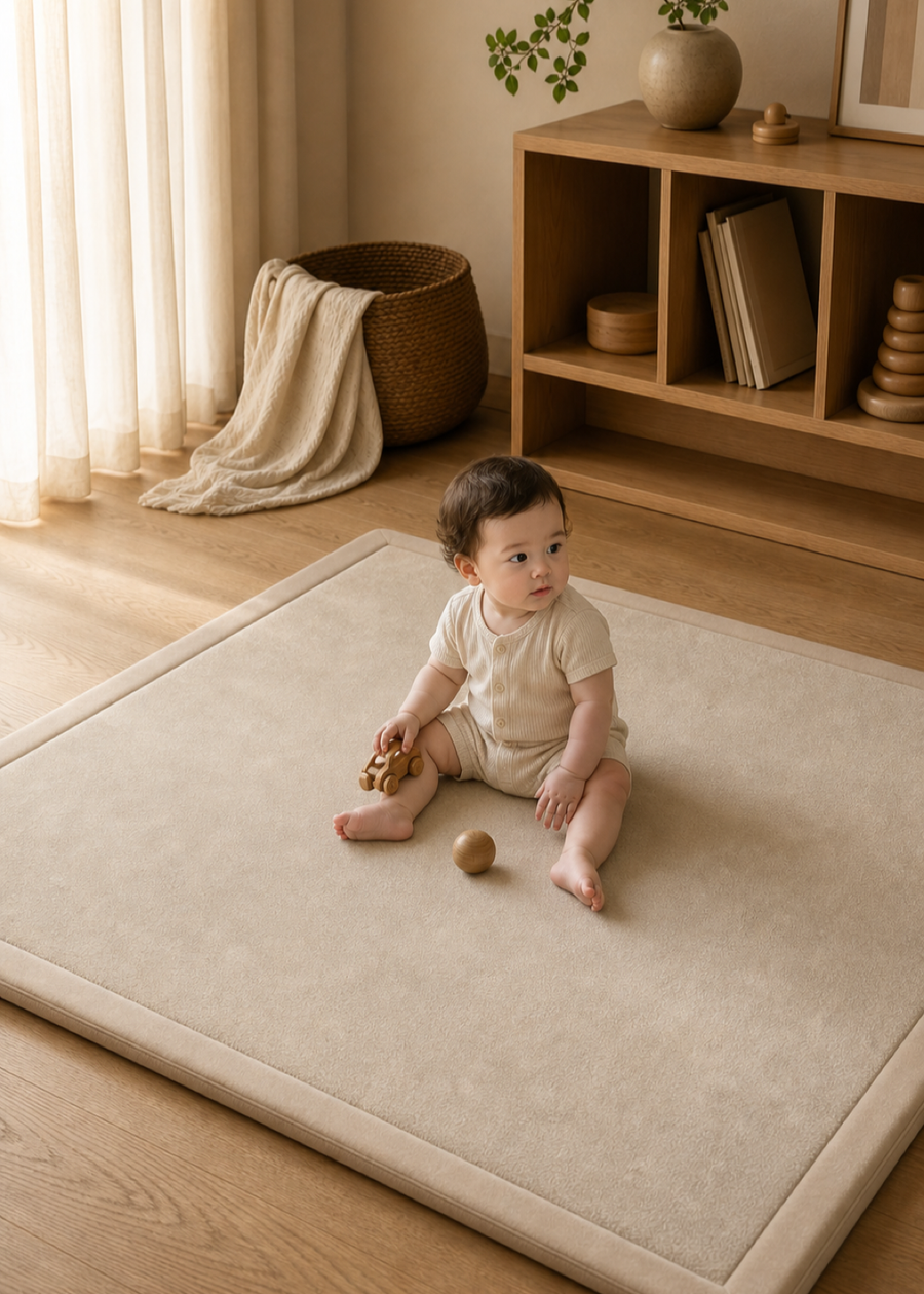 PocoKoko oatmeal play mat in playroom — baby crawling real use
