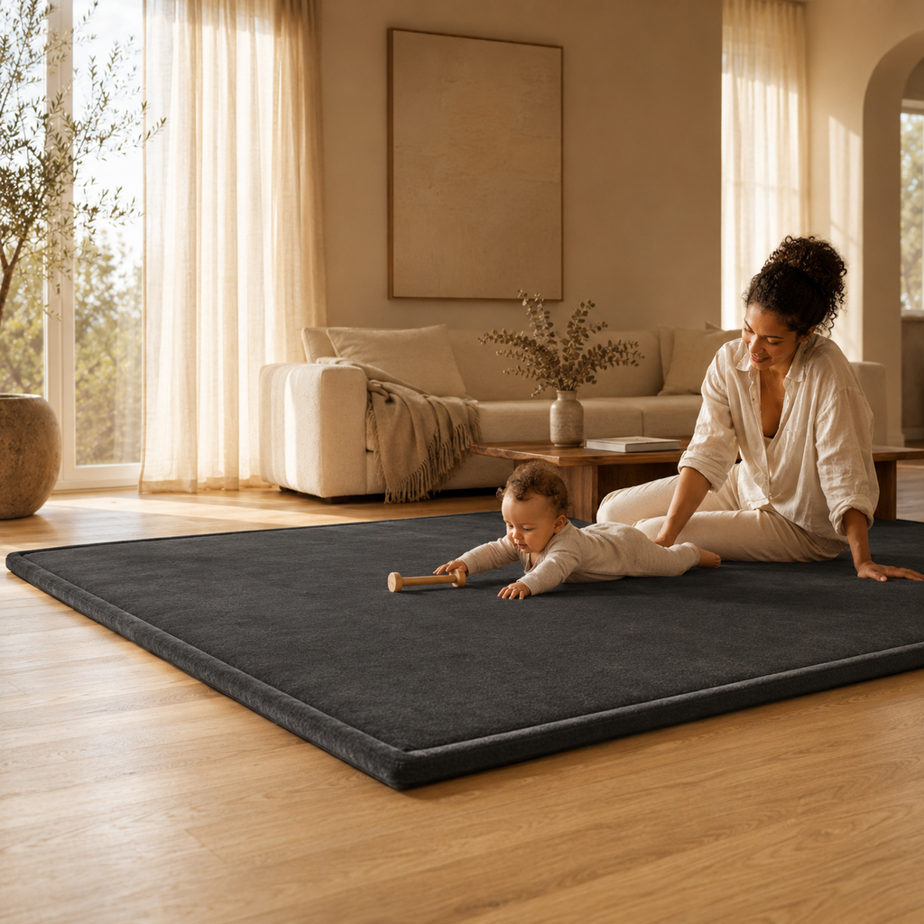 Woman and child playing on a large black mat in a bright living room.