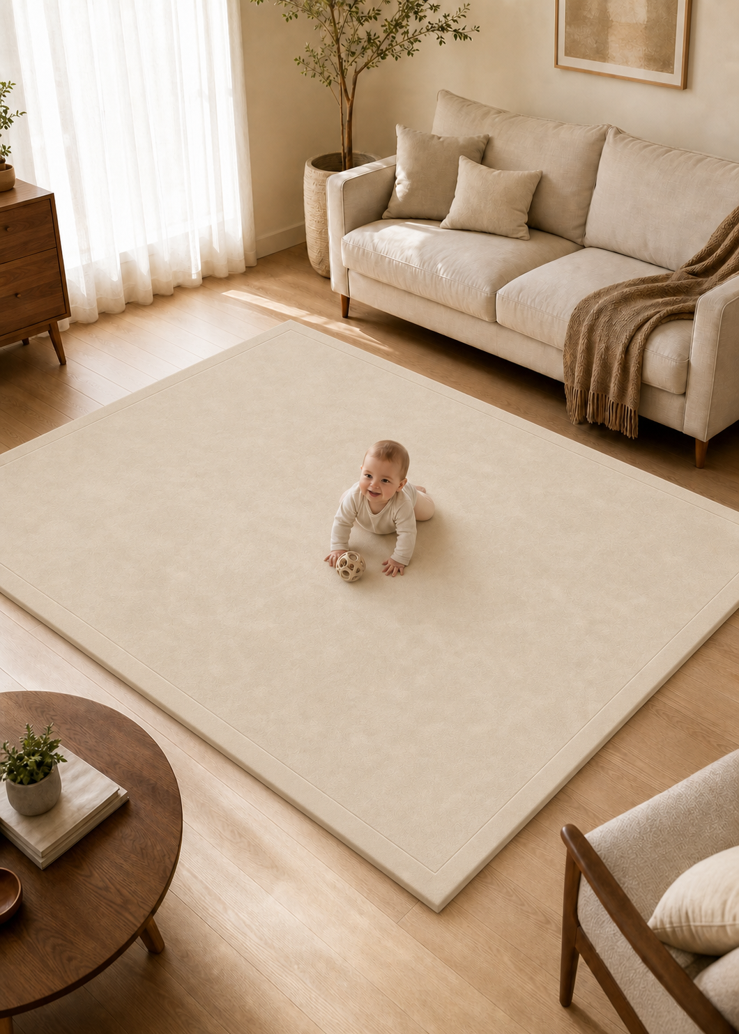 PocoKoko memory foam play rug 6x9 — squared edge, covers full living room seating zone from sofa to coffee table