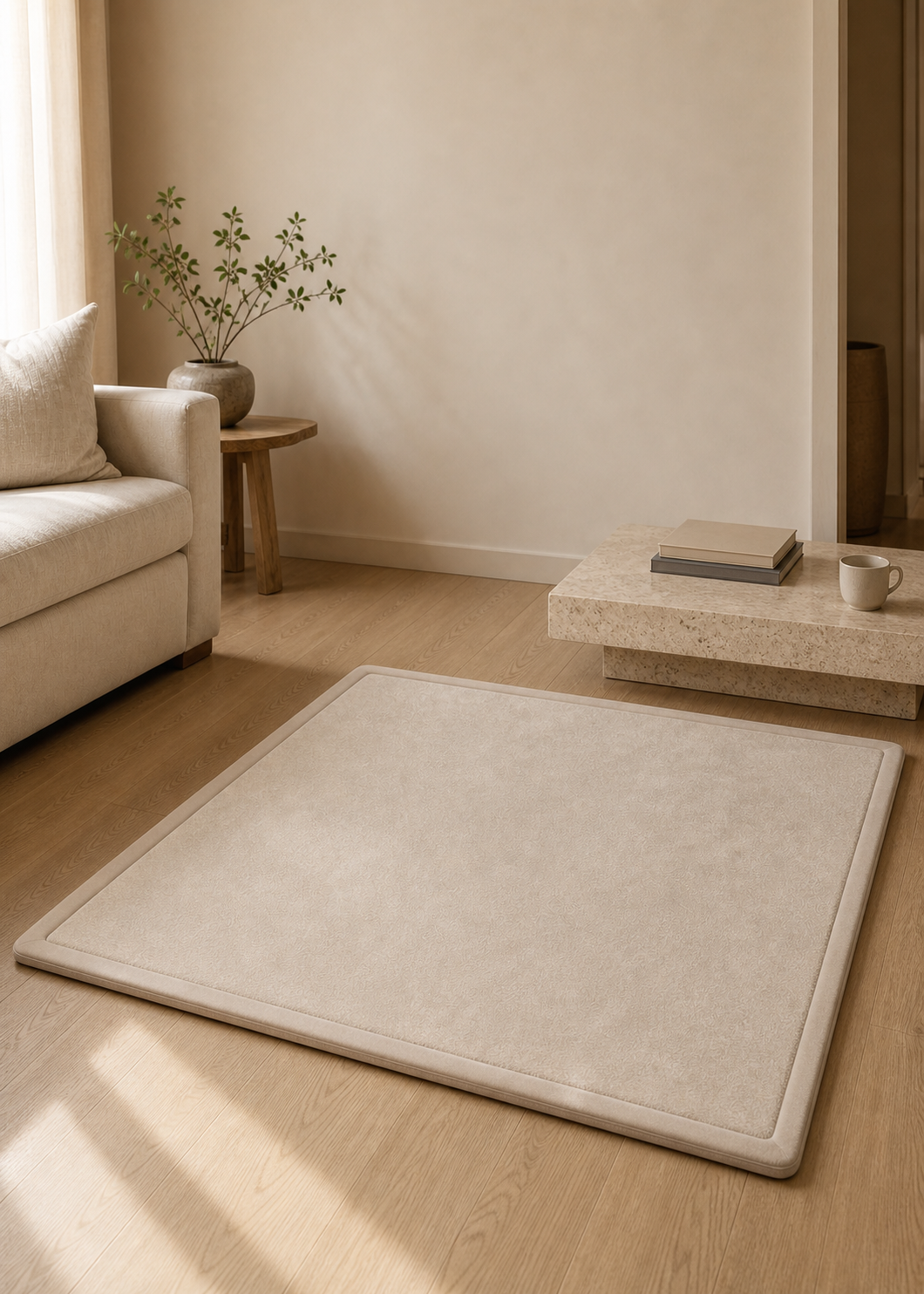 PocoKoko memory foam play mat in oatmeal — lifestyle hero
