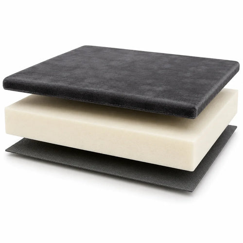 Cutaway view of the PocoKoko play mat's three layers — velvet top, memory foam core, non-slip backing