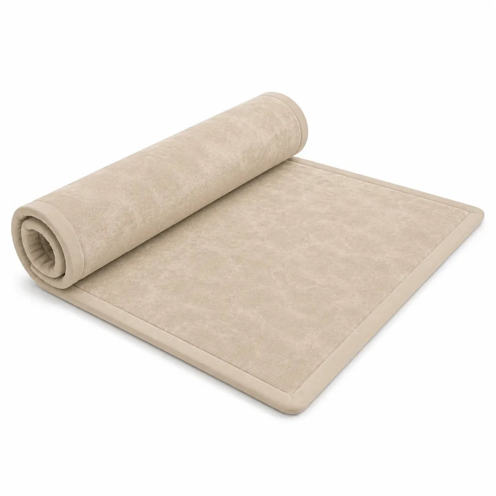 PocoKoko memory foam play mat in oatmeal beige — detail roll