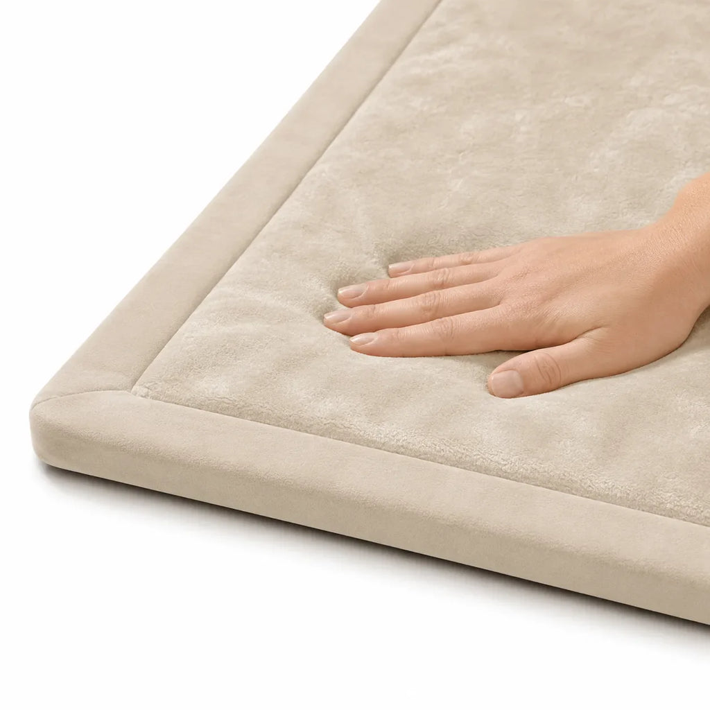 PocoKoko memory foam play mat in oatmeal beige — detail thickness
